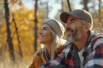 Poster - Happy couple in autumn park. Smiling man and woman looking at each other.