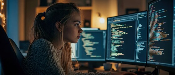 Focused woman programming at computer screens in a dimly lit room, showcasing modern digital workspace.