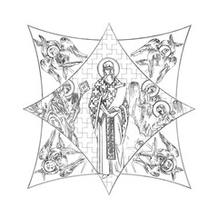 Justin I (name english). Cross dome with 4 apostles, angels and seraphim. Coloring page in Byzantine style