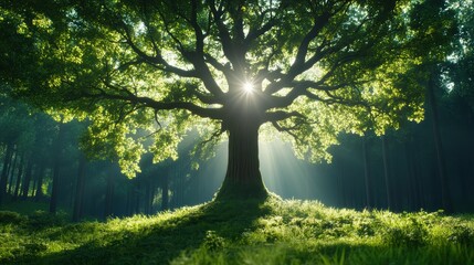 Sticker - A majestic oak tree standing tall in the middle of a dense forest.