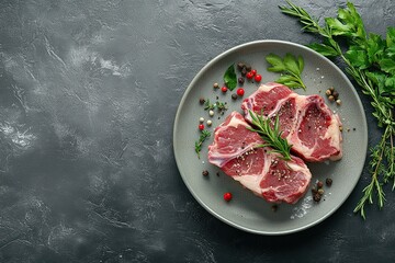 A juicy raw piece of selected veal on a plate with spices and herbs, on a stone background. Top view. place for text.