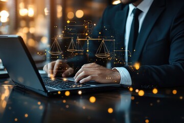 A man is typing on a laptop with a screen that has a lot of legal symbols on it