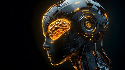 Cybernetic brain in cyborg face with golden paint on it, futuristic robotic head concept art of artificial intelligence network with copyspace, 3d render. 