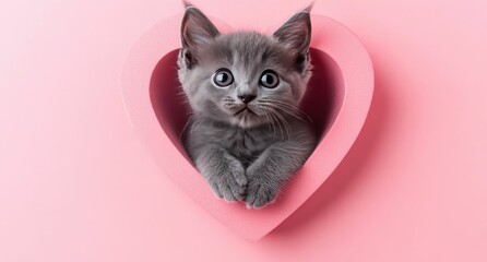 gray kitten crawls out of a heart on a pink background