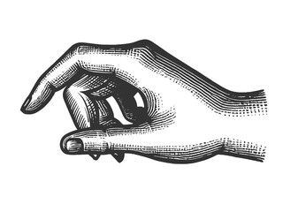 Wall Mural - hand making a pinching gesture, drawn in an engraving style sketch engraving generative ai raster illustration. Scratch board imitation. Black and white image.