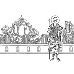 Saint Demetrius (name english). Coloring page in Byzantine style