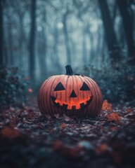 Wall Mural - spooky pumpkin in mysterious forest