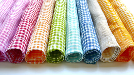 multi color checkered folded cloth, gingham checked kitchen towel isolated, on white background.