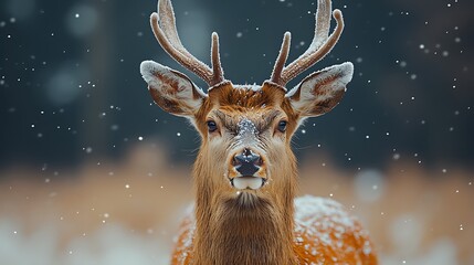 Wall Mural - A close-up portrait of a majestic deer with antlers covered in snow, looking directly at the camera in a snowy winter forest.