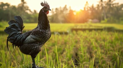 Canvas Print - Black Rooster Standing in a Field of Green Grass at Sunset