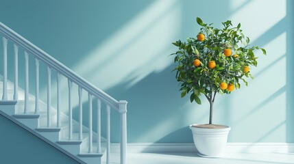 Poster - A vibrant indoor orange tree beside a white staircase in a sunlit room highlighting natural decor elements