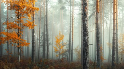 Wall Mural - Misty Forest with Autumn Trees and Sunlight