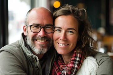 Wall Mural - Portrait of happy senior couple in a coffee shop looking at camera