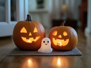 Wall Mural - halloween decorations featuring carved pumpkins with a miniature ghost and child jack o lantern illu