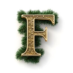 Golden Christmas Letter F with Evergreen Wreath