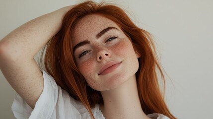 Serene redhead woman with freckles posing naturally