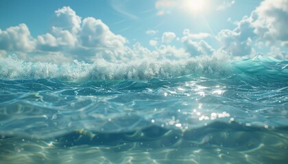 Serene Ocean Landscape with Sunlight Illuminating Waves, Breathtaking Coastal View, Crystal Clear Water, Sunny Day, Sky, Clouds, Turquoise, Blue, Nature, Beach, Vacation, Tropical, Summer