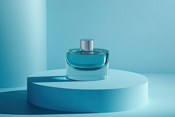 A perfume bottle on a blue platform. It's perfect for product advertisements, especially for showcasing fragrances with a refreshing and cool vibe.