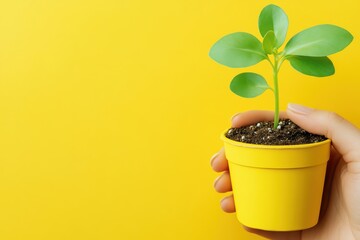 Young plant in yellow pot vibrant background