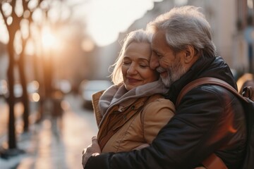 Poster - Happy senior couple walking in the city at sunset. Lifestyle concept.