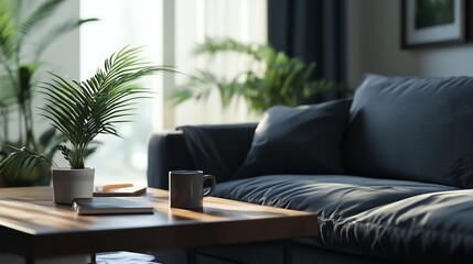 Sticker - A cozy living room with a comfortable sofa and a coffee table adorned with a plant and a mug, bathed in natural light