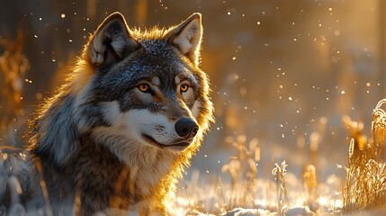 Wall Mural - A wolf with piercing yellow eyes looks directly at the camera in a snowy forest with the sun shining through the trees.