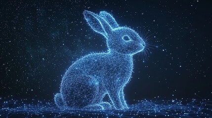 a digital wireframe rabbit, intricately designed with light particles, sits against a starry backdro