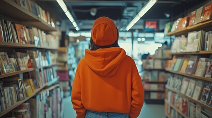 A person in a bright orange hoodie explores a cozy bookstore lined with colorful bookshelves in a vibrant urban setting