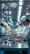 © Denisa - Technicians in protective gear focus on assembling electronics in a large, well-lit factory