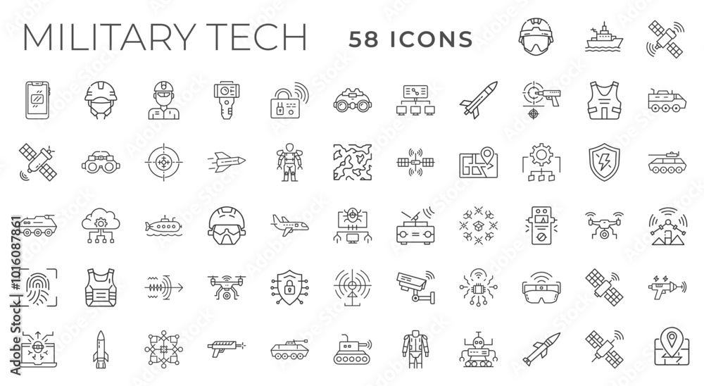 military techy line art themed icon collection, tanks robots weapons ...