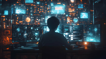 Silhouette of a Person Working at a Computer with Multiple Monitors and a Cityscape Background - Illustration