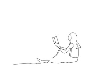 Wall Mural - young beautiful woman reading a book on the park ground relax time happy life one line art design vector