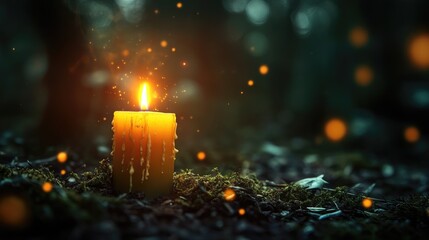 Wall Mural - mystical candle in dark forest abstract background