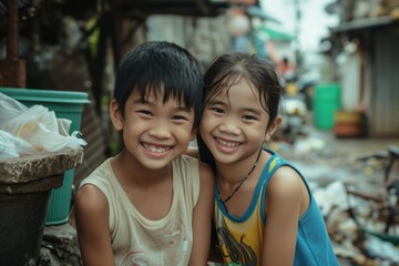 Wall Mural - Two asian children smiling and looking at camera in the street.