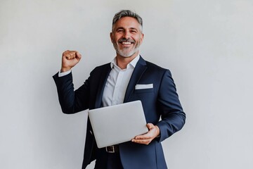 Wall Mural - Happy middle aged business man entrepreneur, smiling professional businessman winner holding laptop celebrating online money profit, winning prize promotion standing isolated on white background.