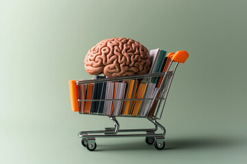 Sticker - A shopping cart filled with books and a human brain model, symbolizing knowledge acquisition and education.