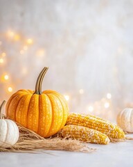 Sticker - Harvest festival with pumpkin and corn on light background