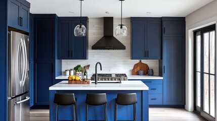 Modern Blue Kitchen Interior with Island, Pendant Lights, and Stainless Steel Appliances in Contemporary Home Design