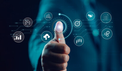 Leinwandbilder - Businessman hand using authentication system with biometric identification fingerprint username and password, cybersecurity, information security, encryption, secure Internet access, technology