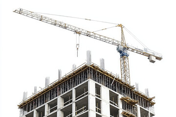 Construction site with crane lifting materials above building under construction, showcasing structural framework and scaffolding