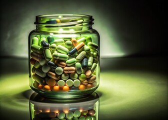 Clear pill jar showcasing various capsules, ideal for health and wellness themes. Perfect for pharmacy and medicine-related visuals that promote a