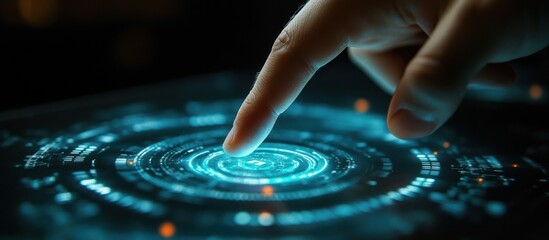 Wall Mural - A finger touches a glowing blue circular interface on a touchscreen.