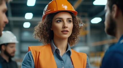 A Middle Eastern female engineer with curly hair, wearing a hard hat and discussing a bridge design with colleagues.