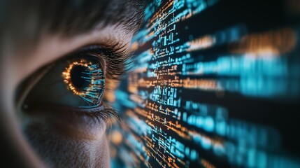Macro shot of an eye reflecting glowing data code, representing digital technology and innovation