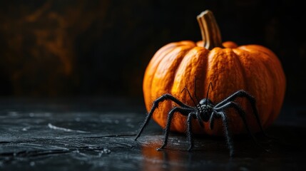 Sticker - Halloween themed pumpkin and spider on dark background