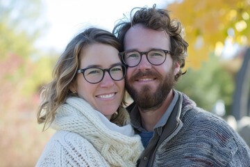 Poster - Portrait of a happy young couple in love outdoors in autumn park