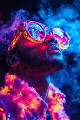 Canvas Print - A man wearing a pair of colorful sunglasses with smoke coming out of his mouth