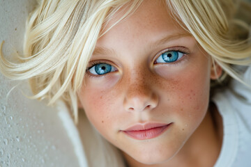 Wall Mural - A young girl with blue eyes looking at the camera