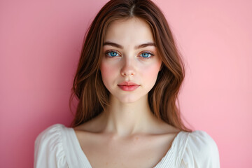 Canvas Print - A woman with long brown hair and blue eyes against a pink background