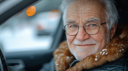 Poster - Man with glasses and a fur coat is sitting in a car. He is smiling. car is parked in a parking lot. elderly man, white hair, wearing glasses, appears to be 100 years old, smiling, happy inside a car